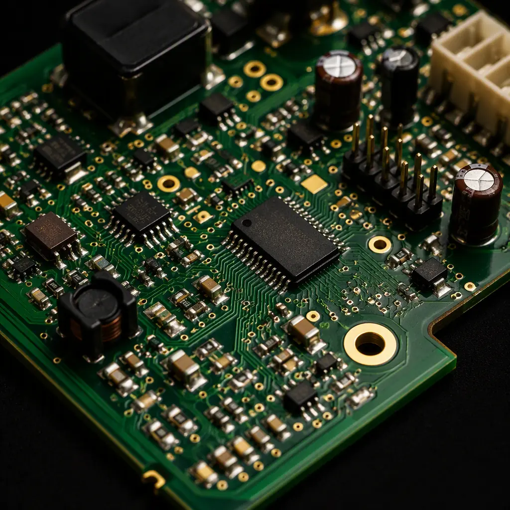 Close-up of a populated green PCB showing assembled SMD and through-hole components with silkscreen footprints