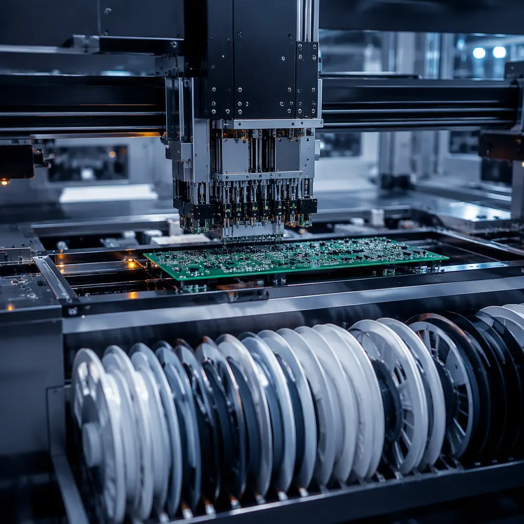 Photorealistic SMT pick-and-place machine feeding component reels on the assembly line