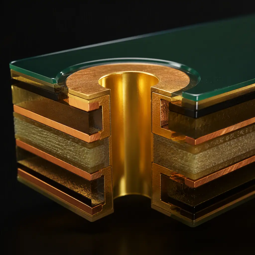 3D cross-section render of a coated PCB pad showing the thin uniform parylene film encapsulating the conductor and solder mask layers