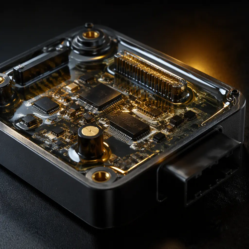 Macro shot of a PCB module encapsulated in a block of clear potting resin inside a housing, showing the cured resin encapsulating the components