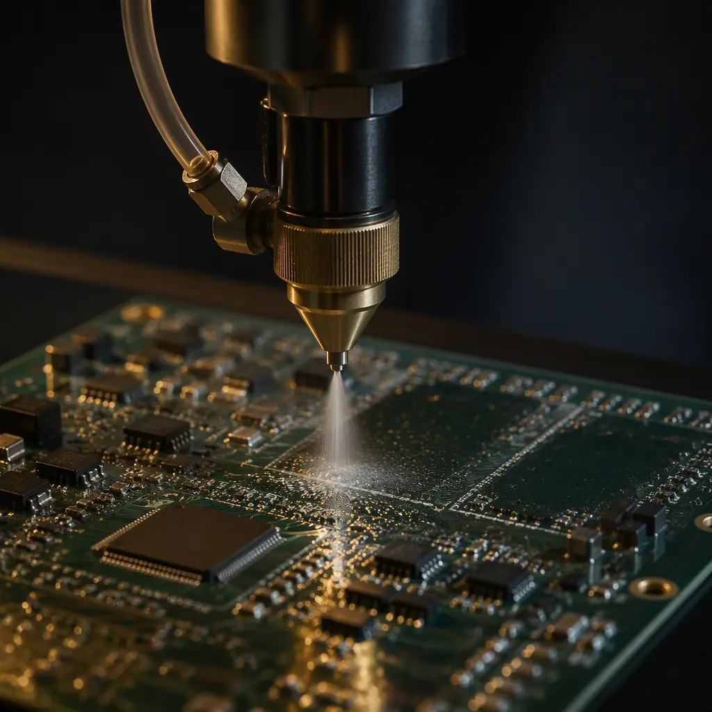 Close-up of an automated conformal coating spray jet depositing a thin acrylic film on a printed circuit board surface