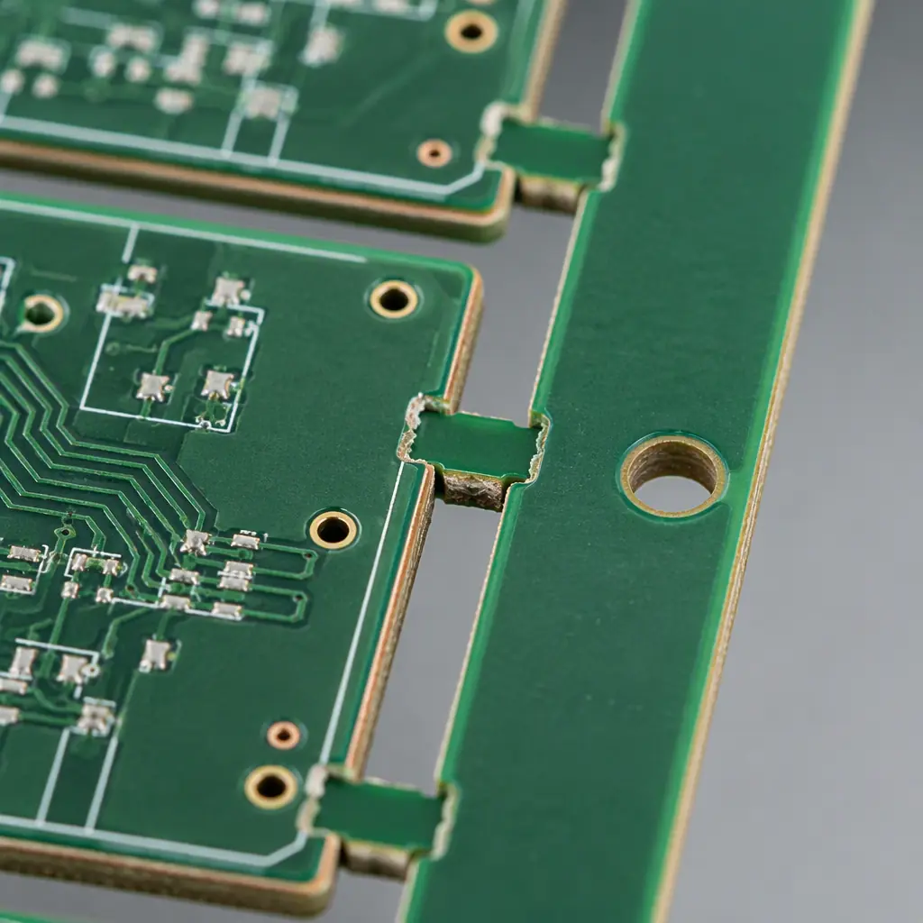 Close-up of a routed PCB panel with small tab bridges connecting individual boards before snap-off