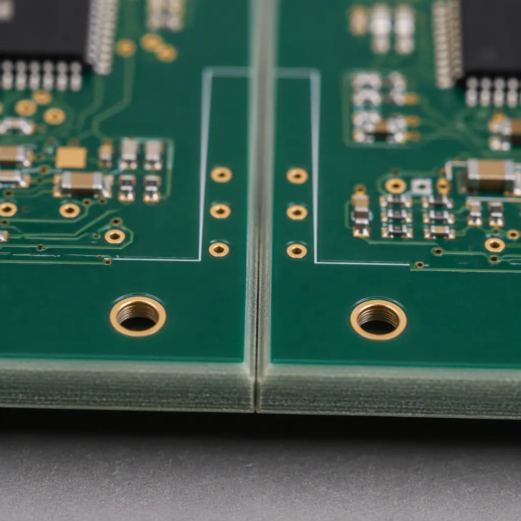 A populated PCB panel being separated into individual boards on a depanelization machine, showing V-score lines and tab routing