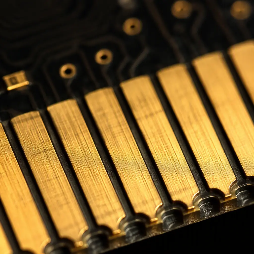 Macro photo of a gold-plated PCIe card edge connector fingers row on a dark PCB, studio lighting