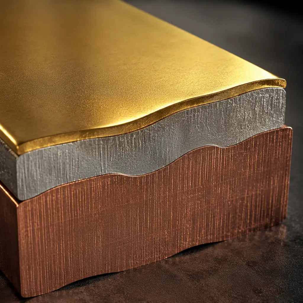 Photorealistic cross-section render of an edge connector gold finger showing nickel barrier layer and gold on top on a copper pad, macro lit