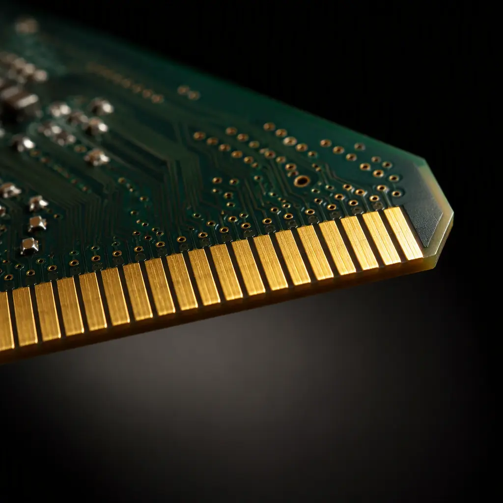 Macro photo of a beveled gold finger on a card-edge connector with chamfered board edge catching light