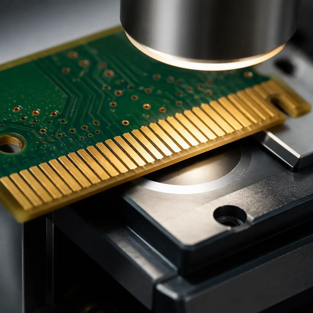 Macro photo of an edge connector gold finger row with X-ray fluorescence thickness measurement in a lab setting