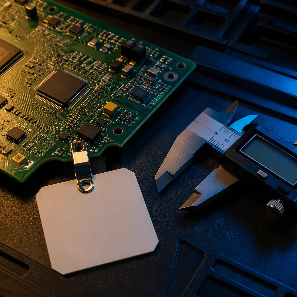 Macro photograph of a green PCB with an engineering change order revision tag and a REV-C label next to a schematic printout and calipers