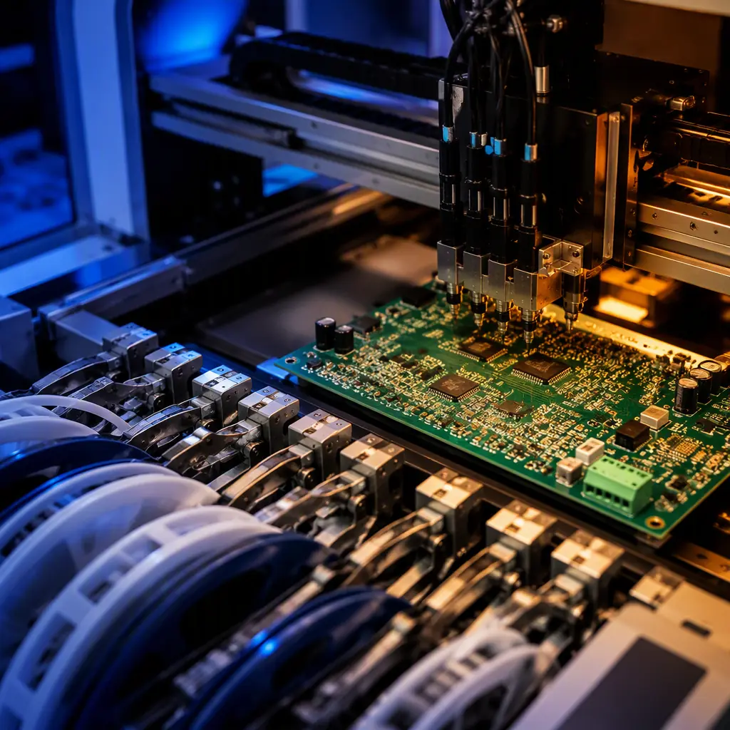 Close-up of an SMT assembly line work station with revision history stickers and a barcode traceability label on a control board