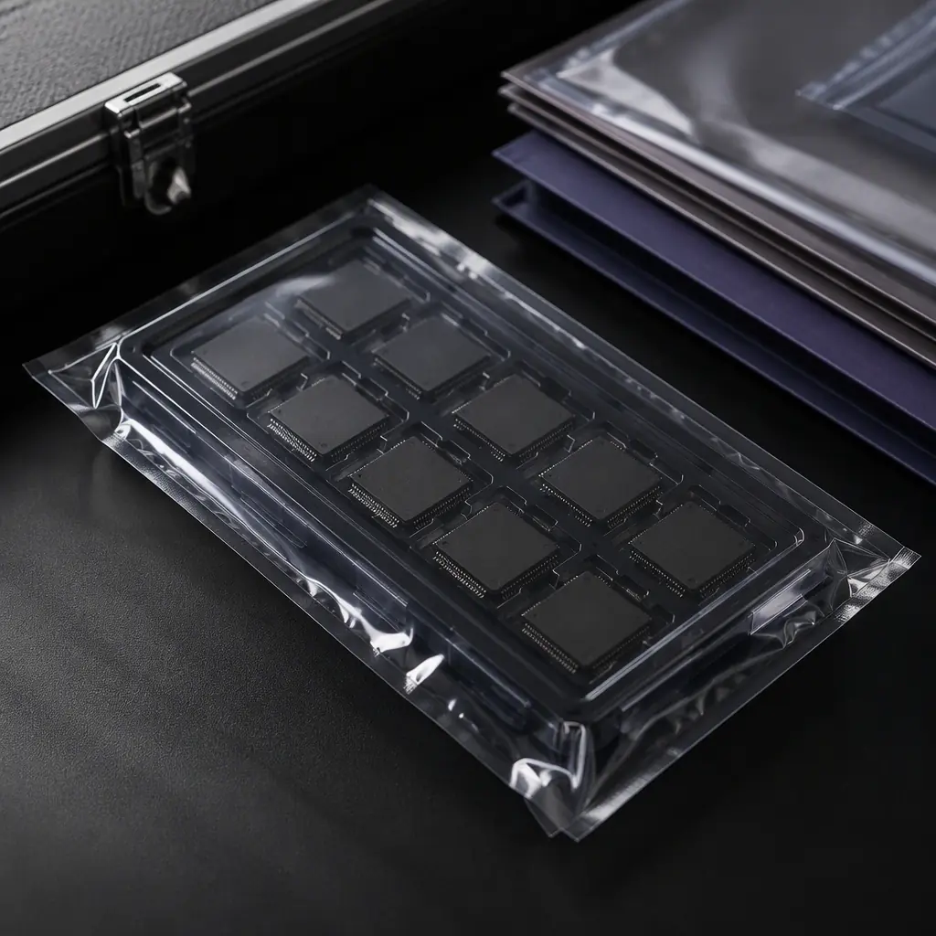 Photorealistic close-up of controlled engineering documentation and a sealed component tray in a secure electronics facility