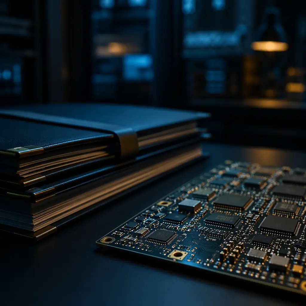 Photorealistic view of sealed compliance documentation folders beside a green printed circuit board on a dark desk in a secure facility