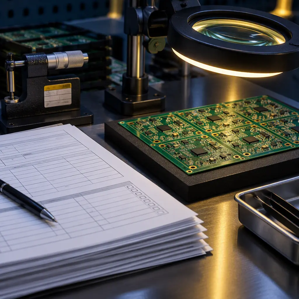 Close-up of PCB quality control documentation being reviewed during an on-site factory audit