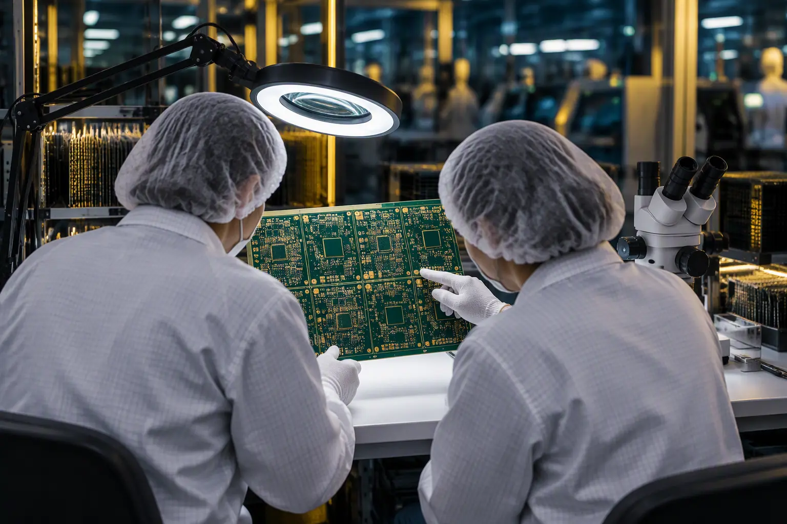 Buyers inspecting SMT assembly line equipment during a PCB factory visit in Shenzhen