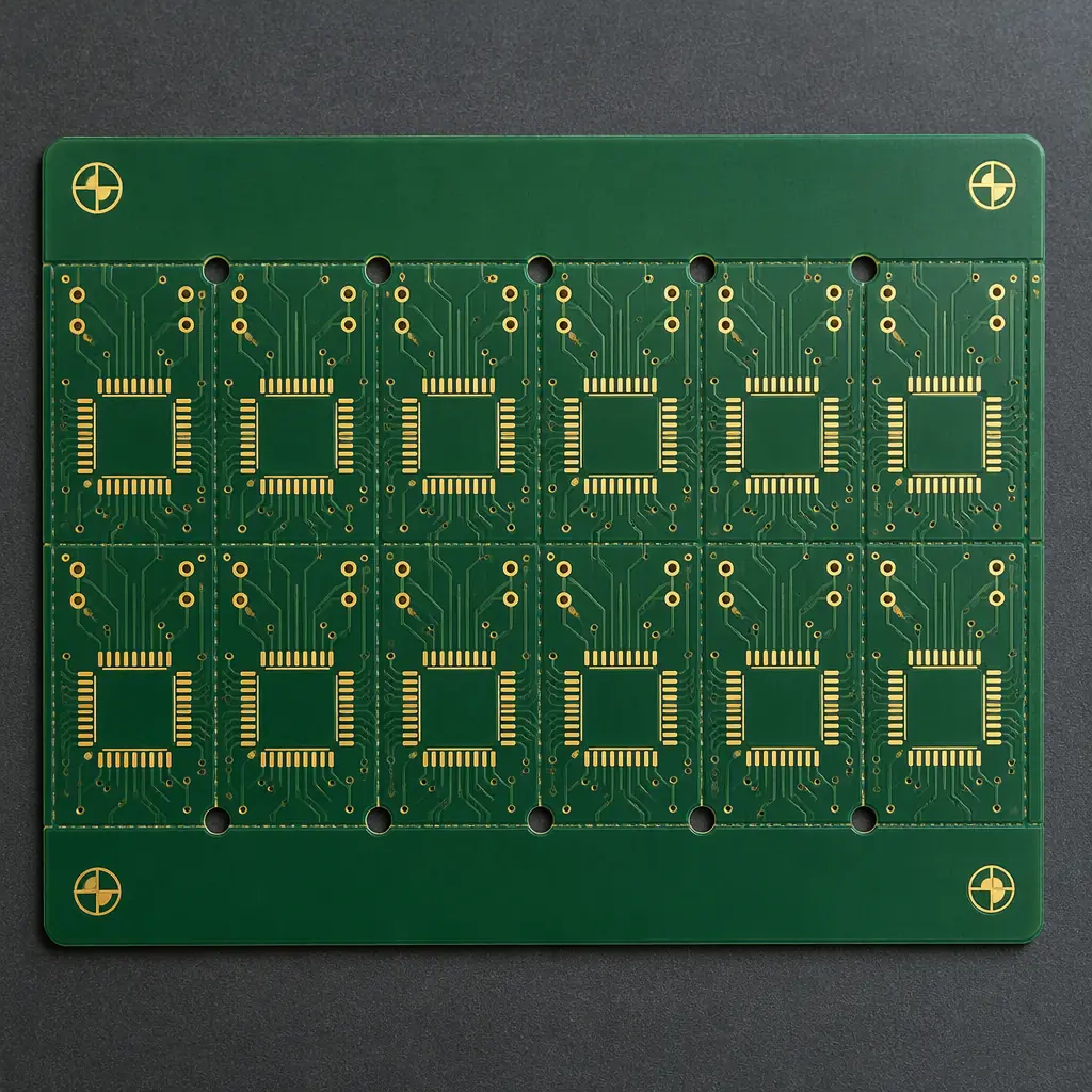 A crowded PCB panel showing circular fiducial marks in the corners next to a row of fine-pitch IC footprints
