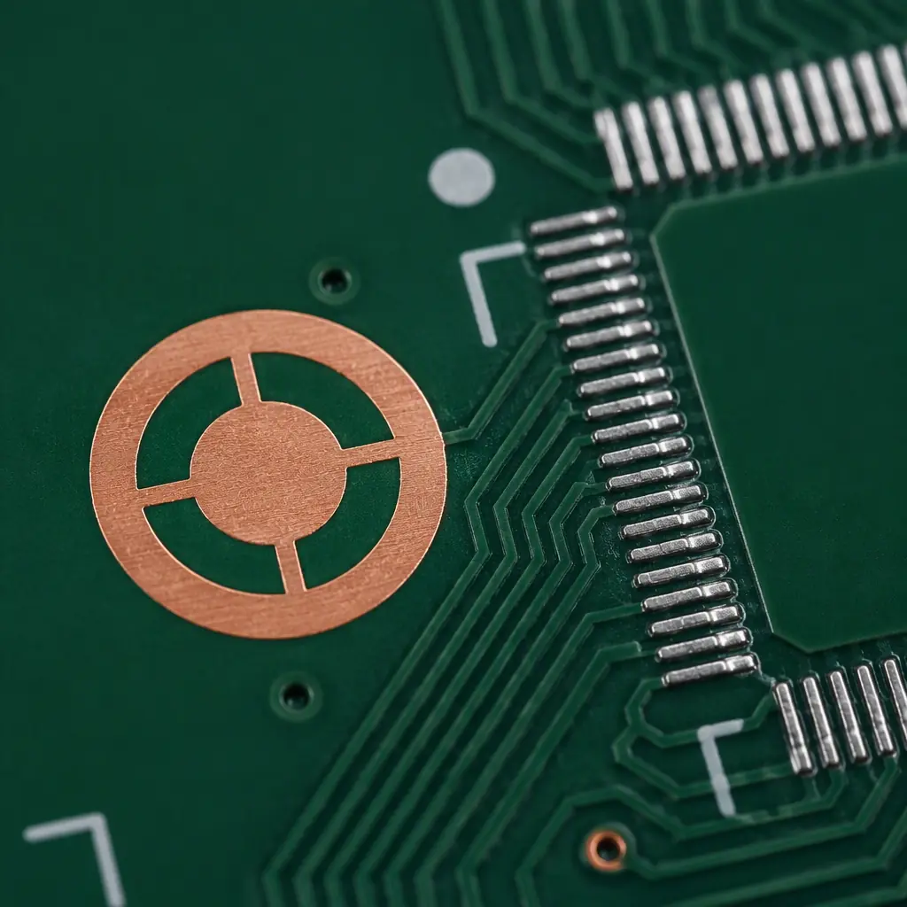 Macro view of a small round copper fiducial mark on a green circuit board next to a fine-pitch IC footprint