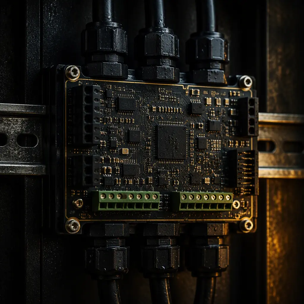 Photorealistic cross-section render of a potted and encapsulated PCB inside a sealed industrial housing, dark background with warm gold lighting