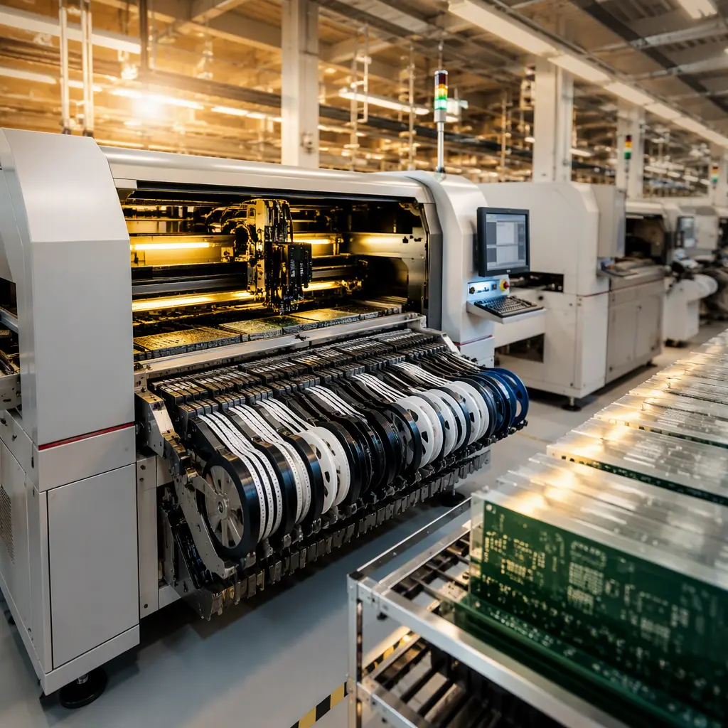 Modern SMT assembly line with pick-and-place machines and feeder banks