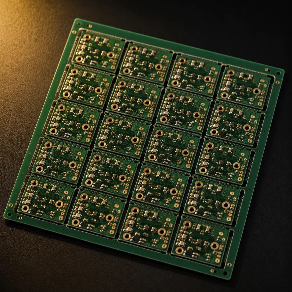 A PCB fabrication panel containing multiple identical circuit boards arranged in a grid before depaneling
