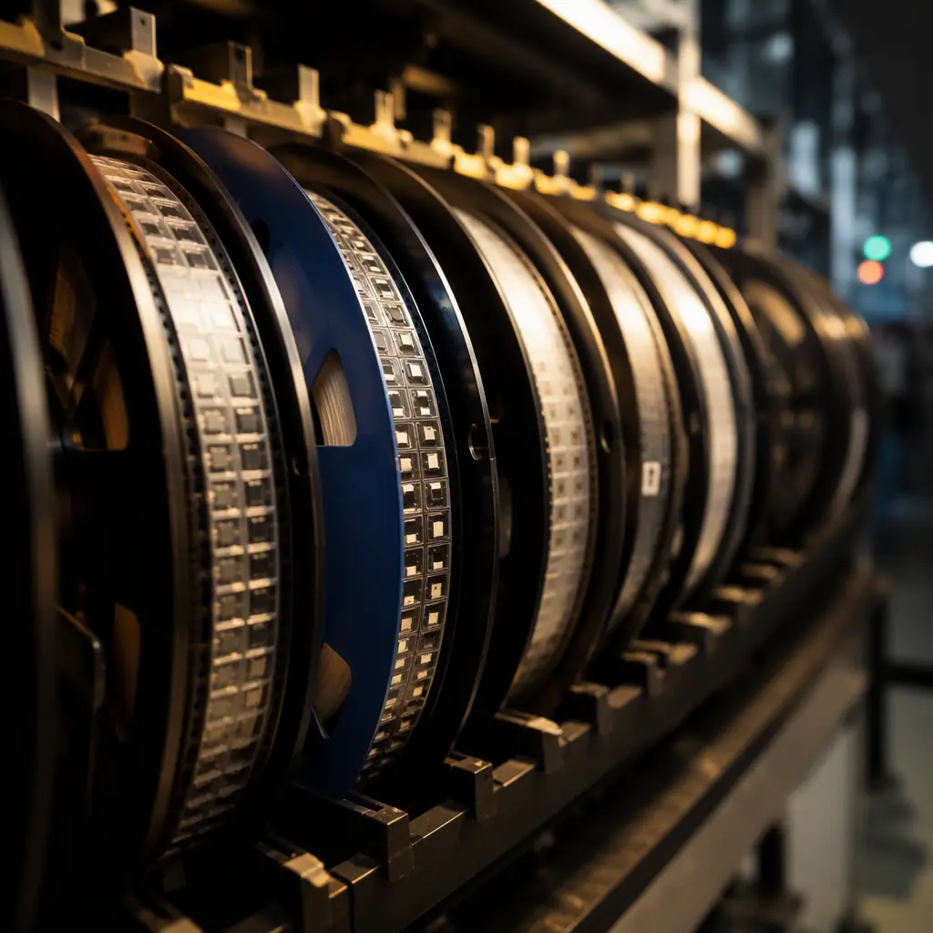 Rows of SMT component reels stored on racks in an electronics factory