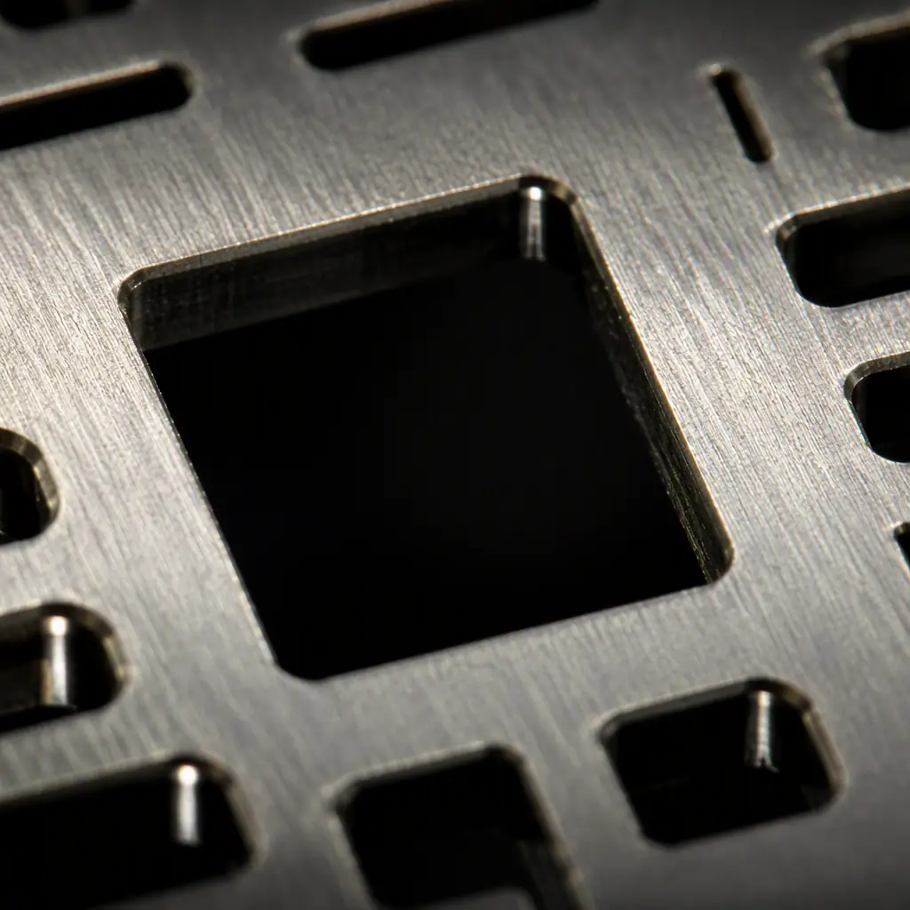 Photorealistic macro view of a laser-cut stainless steel SMT stencil with fine apertures on a workbench