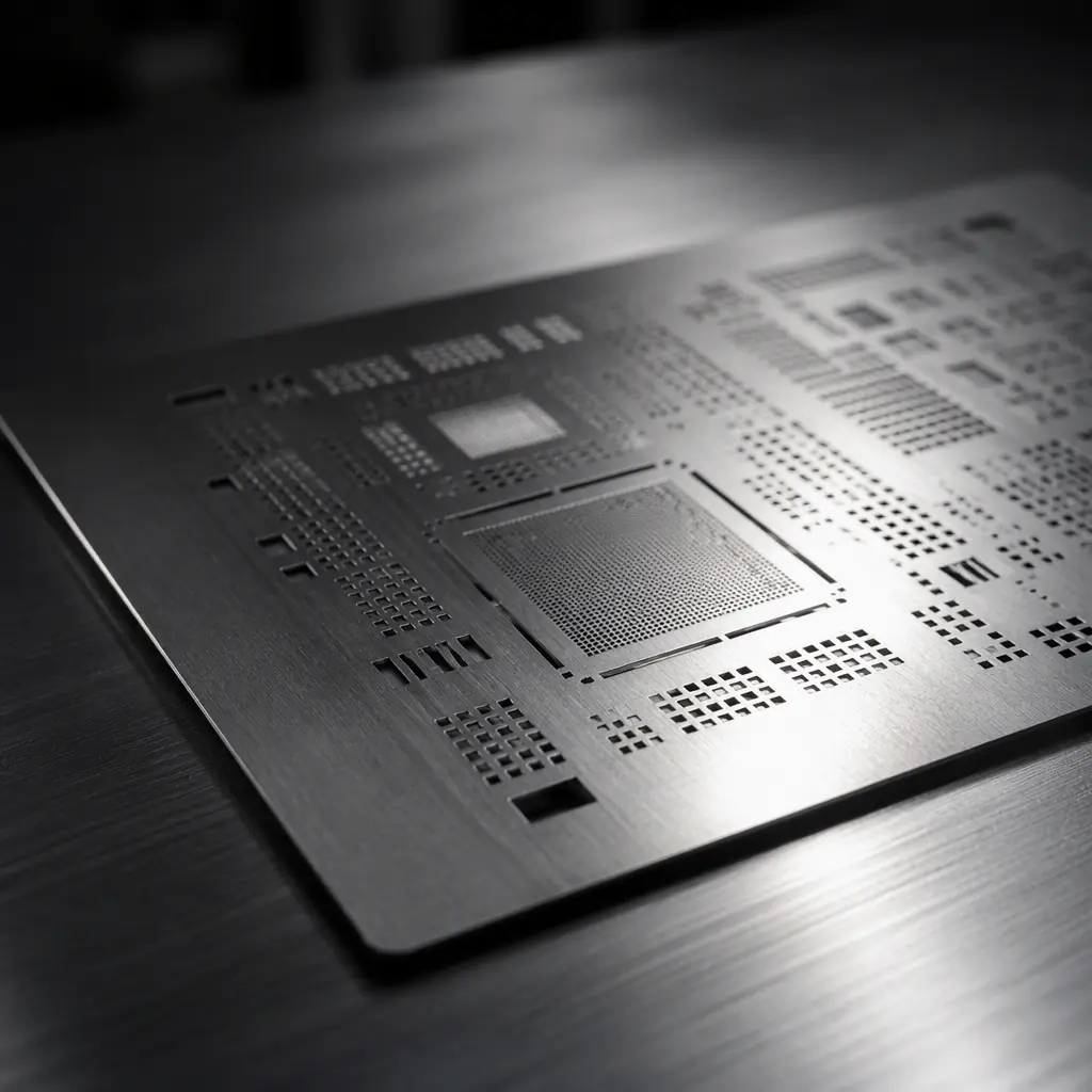 Photorealistic close-up of SMT stencil and tooling fixtures laid out on a stainless steel workbench in an electronics factory