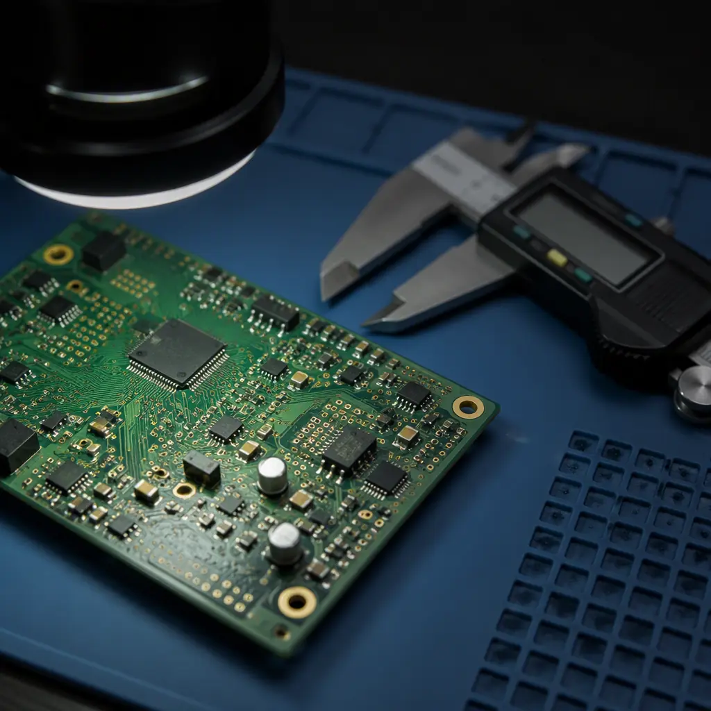 Macro photo of a green PCB on an ESD mat with a digital caliper and inspection lamp, quality and measurement context