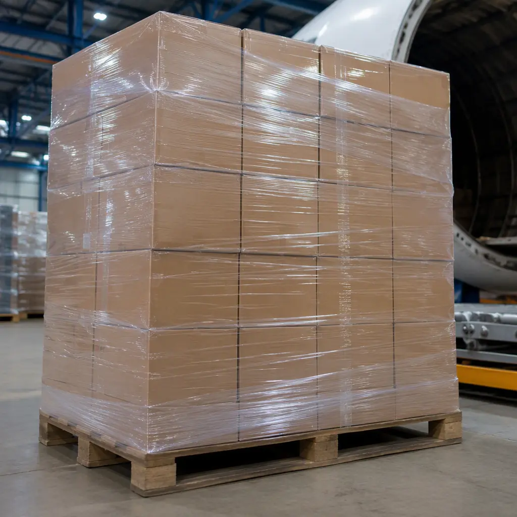 Photorealistic export cartons on a shrink-wrapped pallet in a warehouse, air freight logistics context