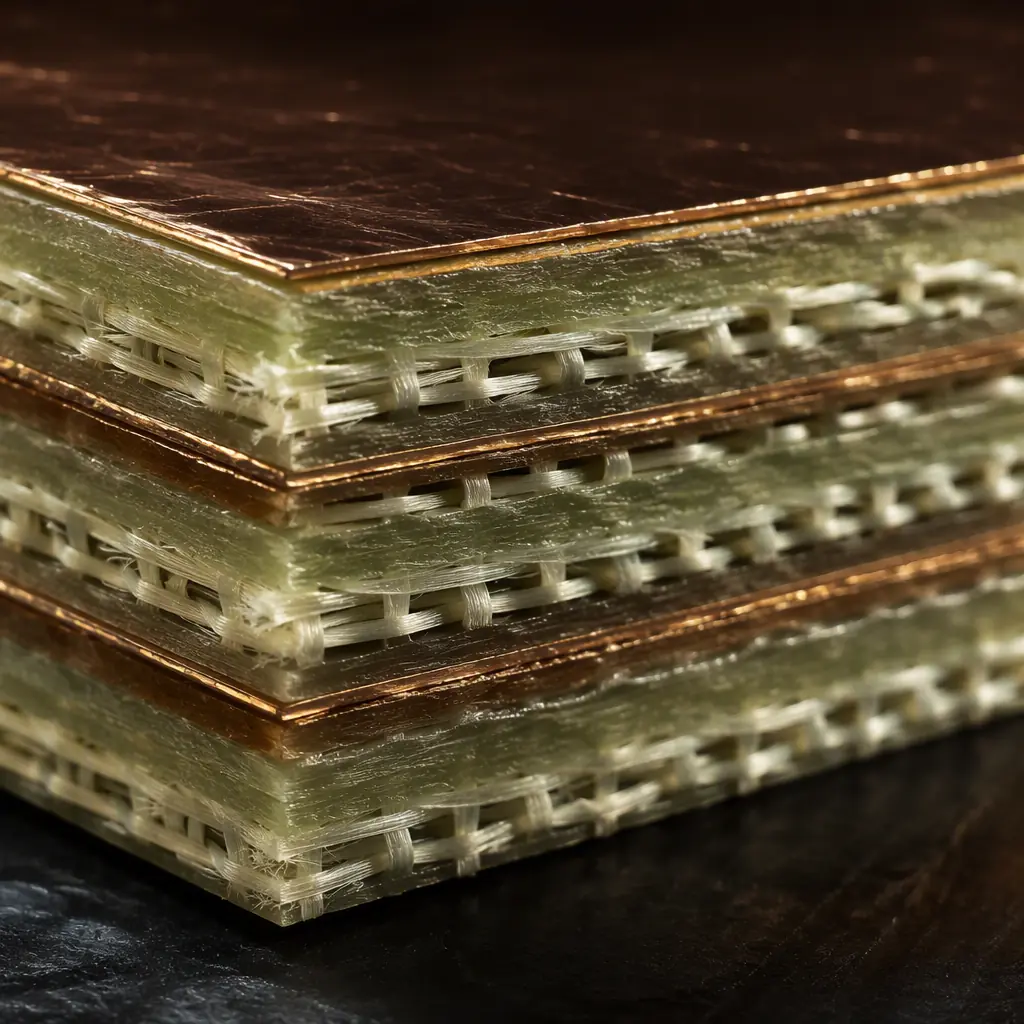 Close-up macro of layered FR-4 glass fiber laminate cross-section showing woven glass cloth and copper foil on a dark background