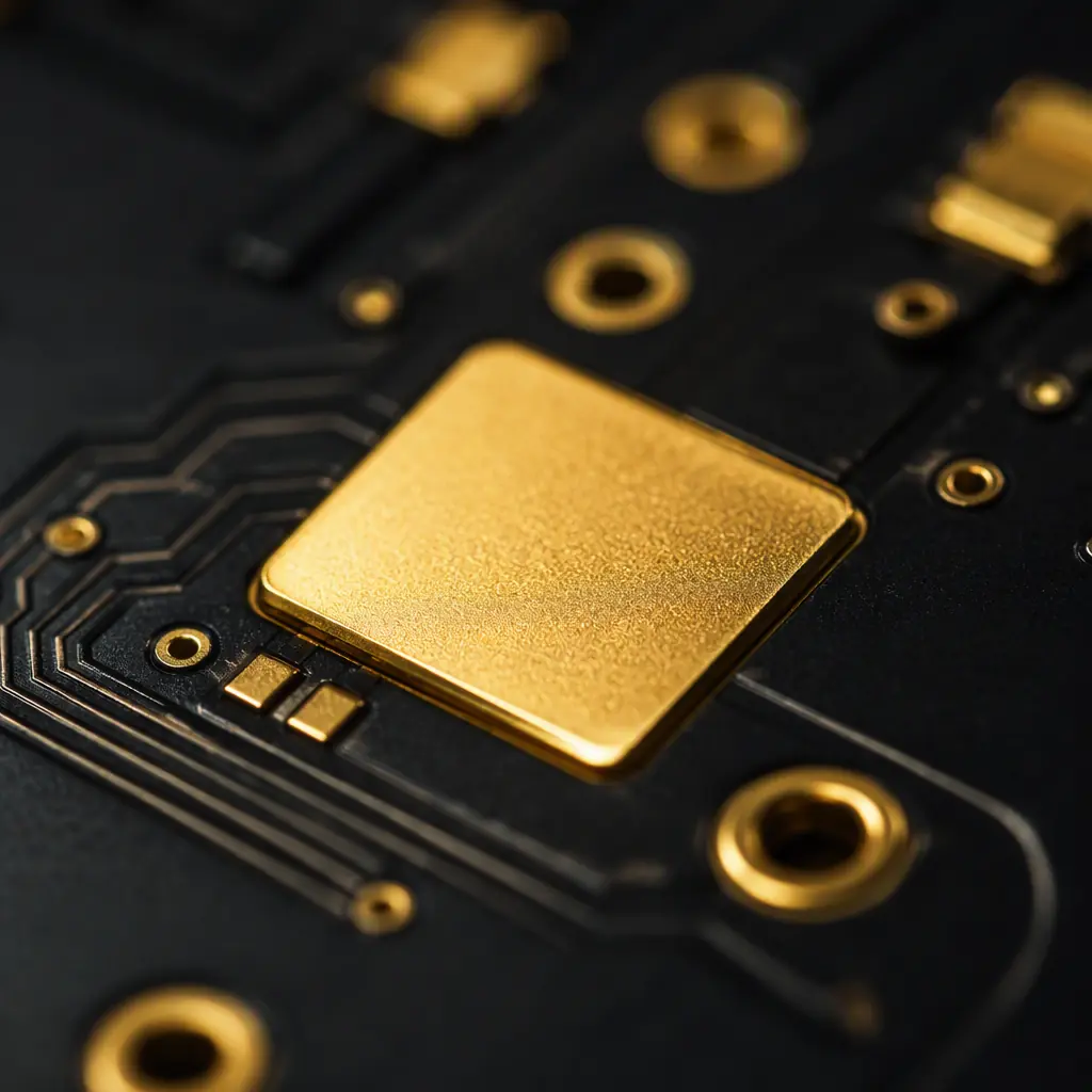 Macro of a gold ENIG-finished PCB pad glinting under focused studio light on a dark background