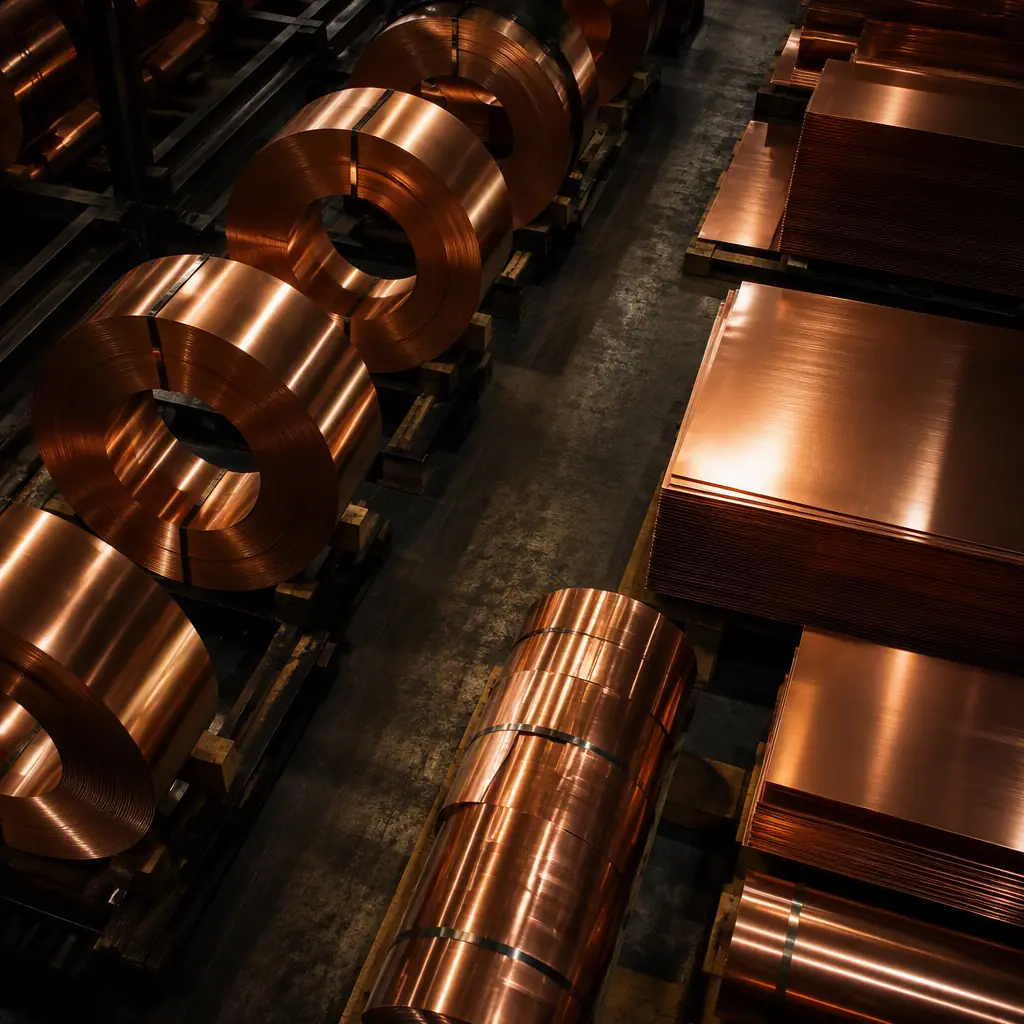Overhead industrial view of large rolled copper coils and metal sheet in a dark electronics materials warehouse with warm gold highlights