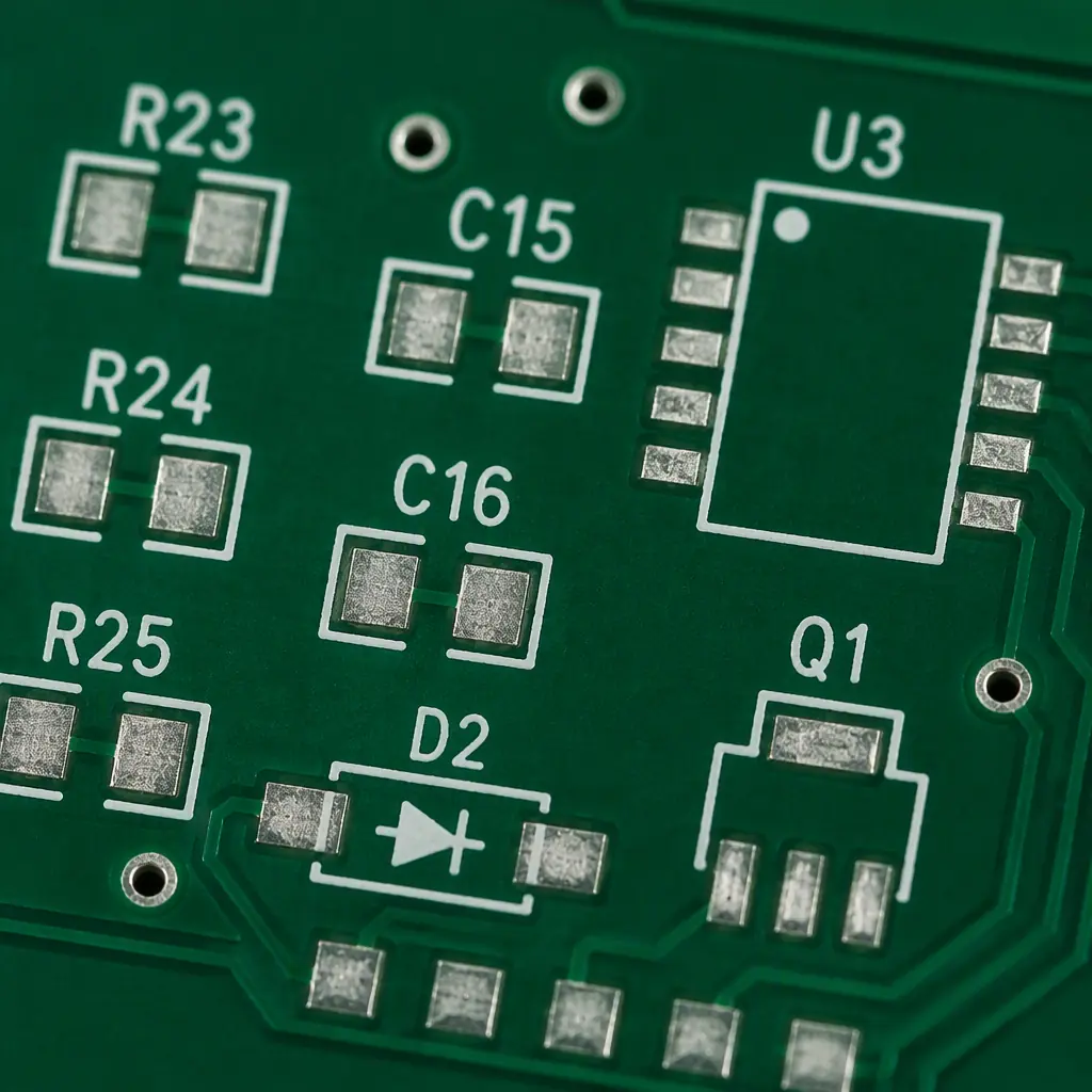 Close-up of a PCB board edge showing silkscreen reference designators and component outlines next to surface-mount pads