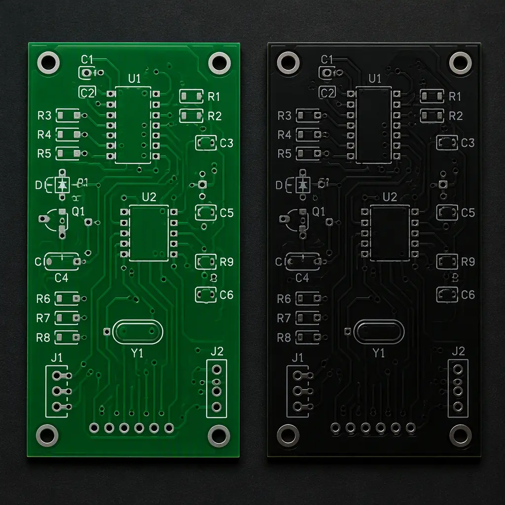 Two circuit boards side by side comparing legible white silkscreen on a green mask with a low-contrast legend on a dark black mask