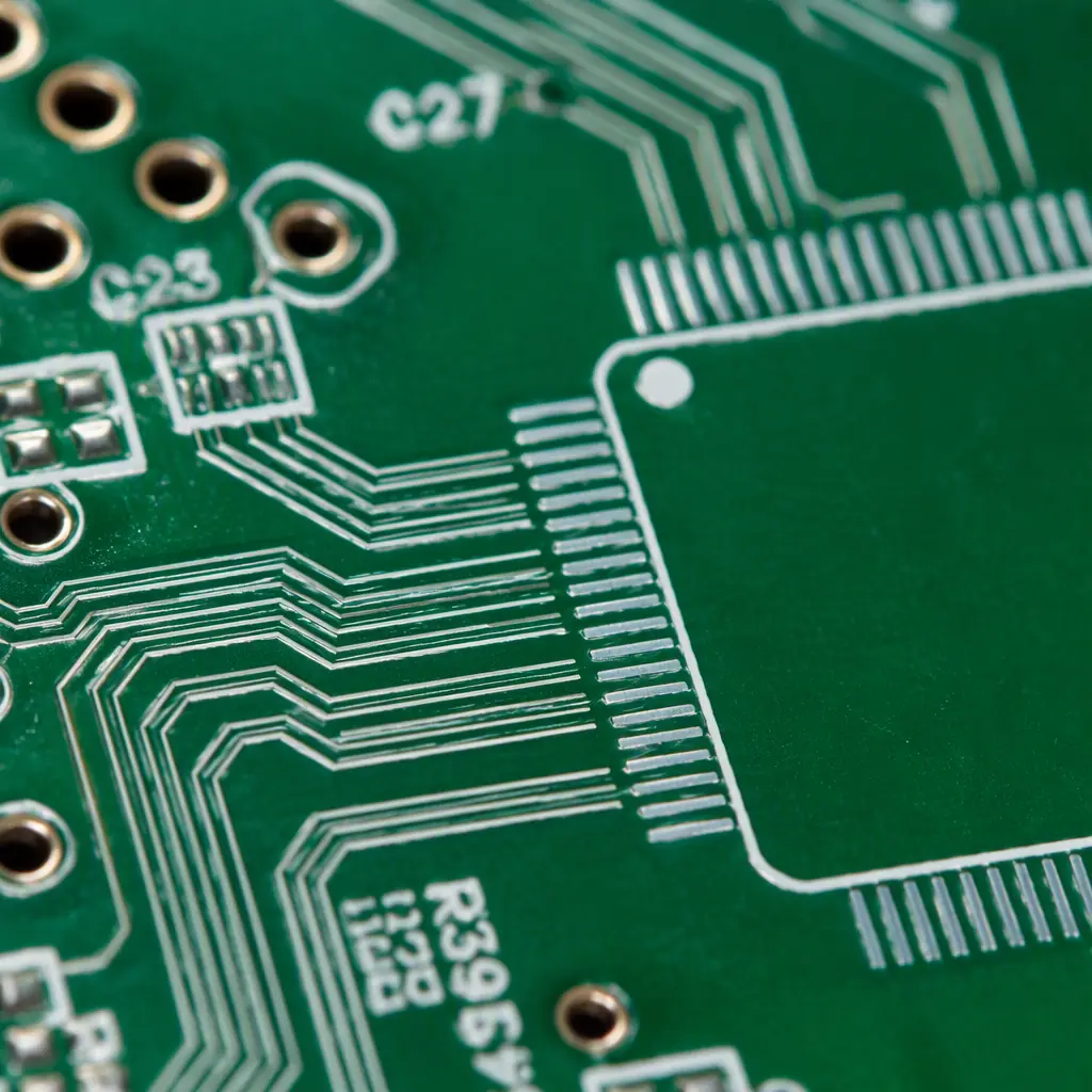 Macro photograph of a white PCB silkscreen legend printed on a green solder mask with reference designators and component outlines