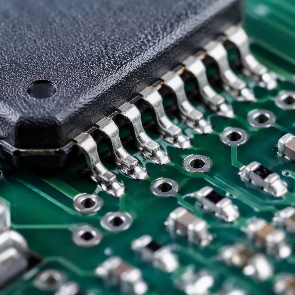 Macro photo of shiny reflowed solder joints on a densely populated PCB with fine-pitch components under studio light