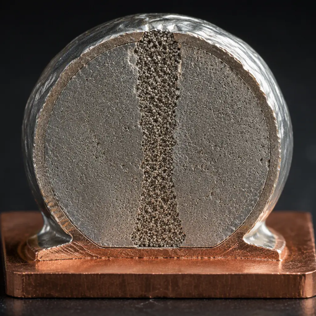 Photorealistic 3D render of a cross-sectioned solder joint cut open to reveal internal voiding, macro studio lighting