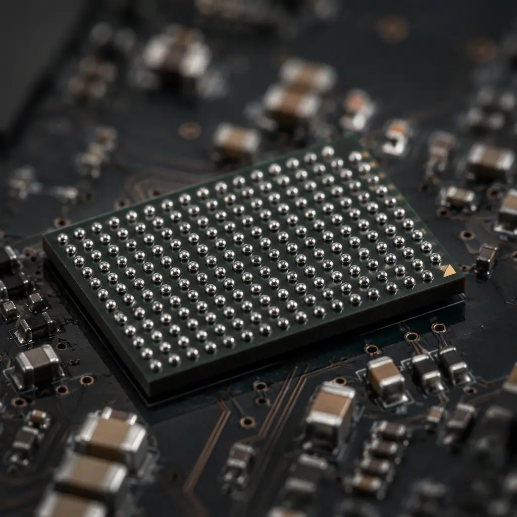 Macro photo of a fine-pitch BGA package with CSP balls being inspected, dark background, professional lighting