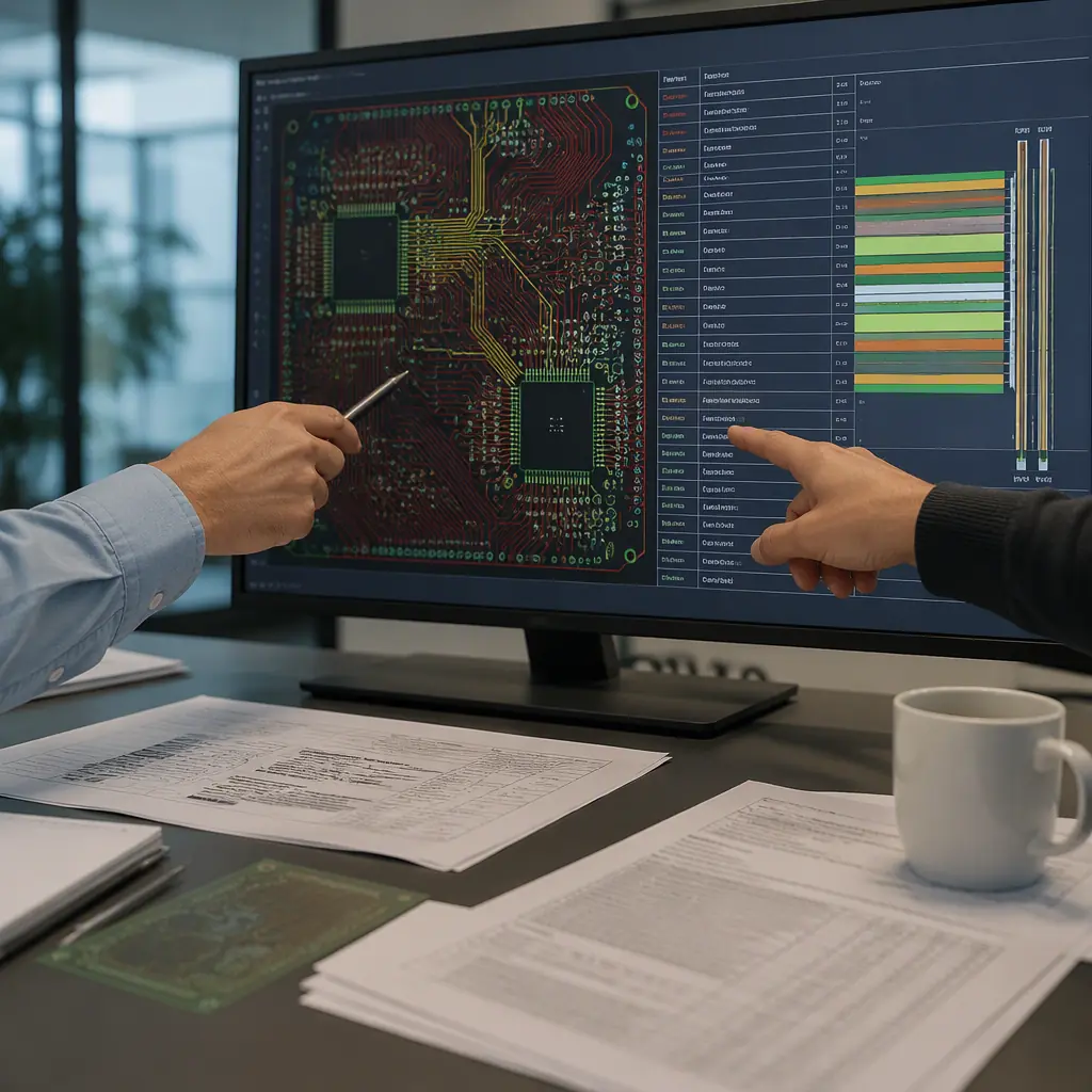 Photorealistic render of a PCB design review meeting with engineers checking a stackup drawing and Gerber files on a large monitor