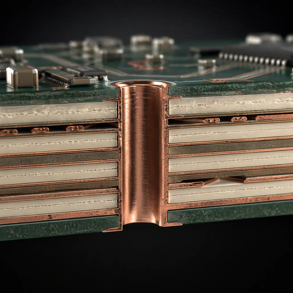 Photorealistic 3D cross-section render of a multi-layer PCB showing copper planes, dielectric layers and plated through-hole vias