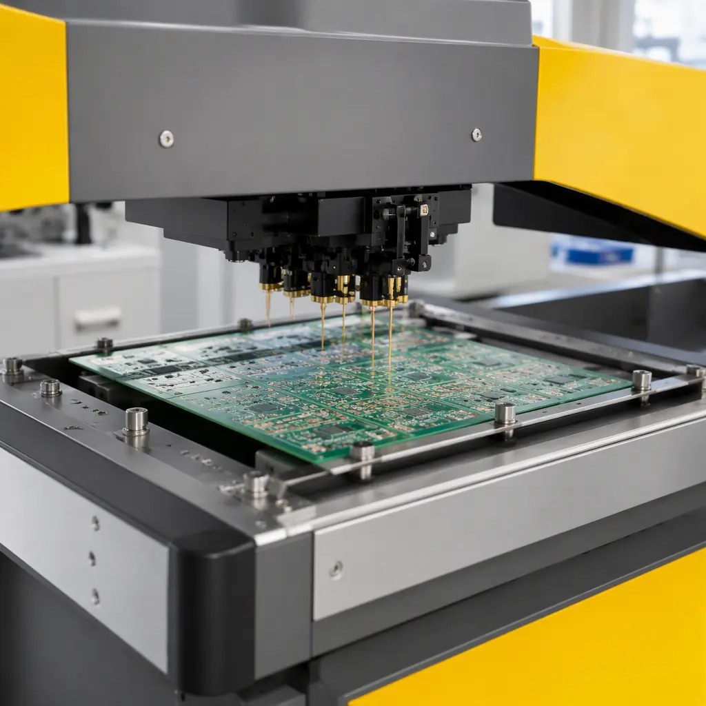 Photorealistic render of an electrical test station with a flying probe tester checking a bare PCB panel