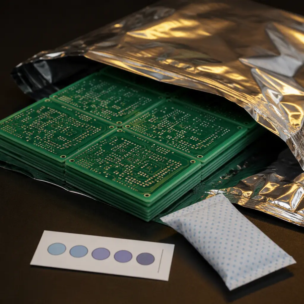 Photorealistic macro of bare FR-4 PCBs stacked in a sealed anti-static dry-packing bag with desiccant and a humidity indicator card