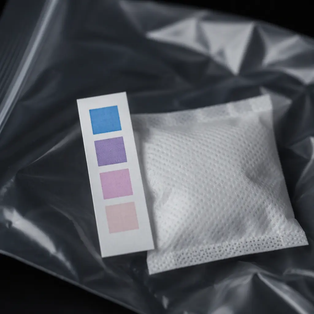Macro photo of a humidity indicator card showing color-change squares beside a desiccant pouch in an opened moisture-barrier bag