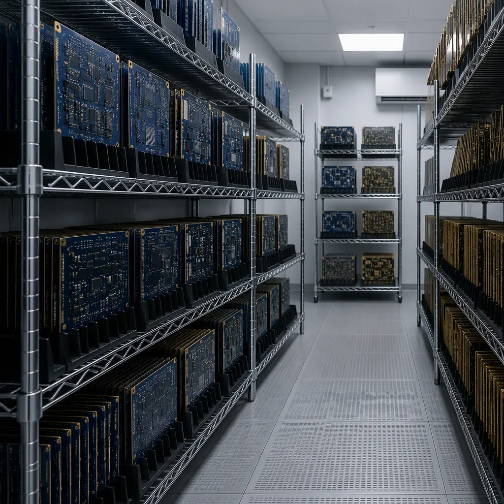 Photorealistic controlled-environment PCB storage rack inside a temperature and humidity controlled warehouse with stacked panels