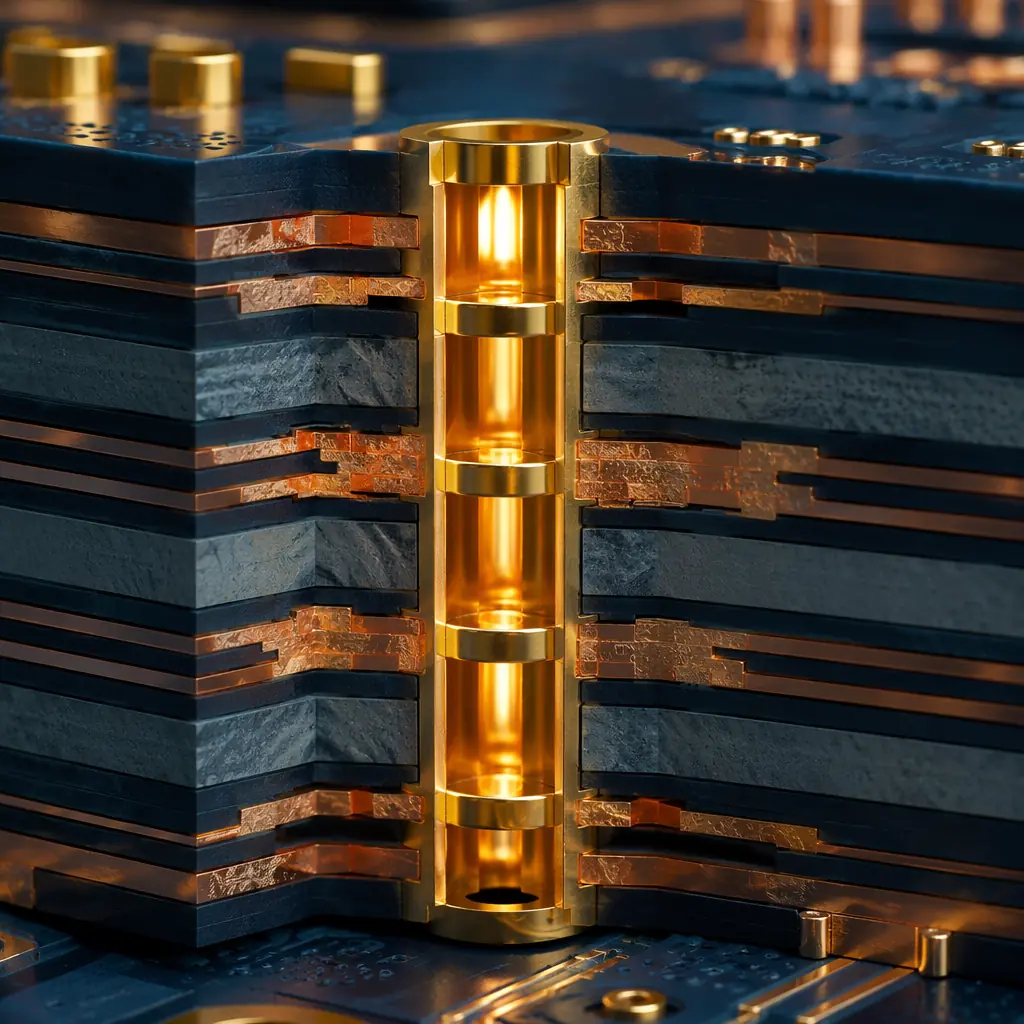 Cross-section of multilayer PCB showing thermal via array connecting copper planes for heat dissipation