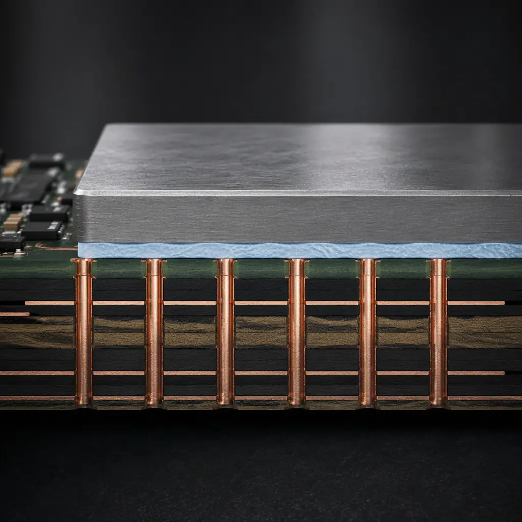 3D render of a PCB cross-section with power traces, thermal vias and a heat spreader with a thermal interface material layer