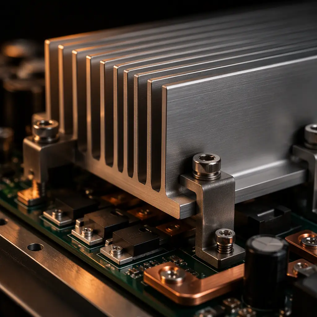 High-power electronics assembly with an extruded aluminium heat sink clamped onto a PCB with screws