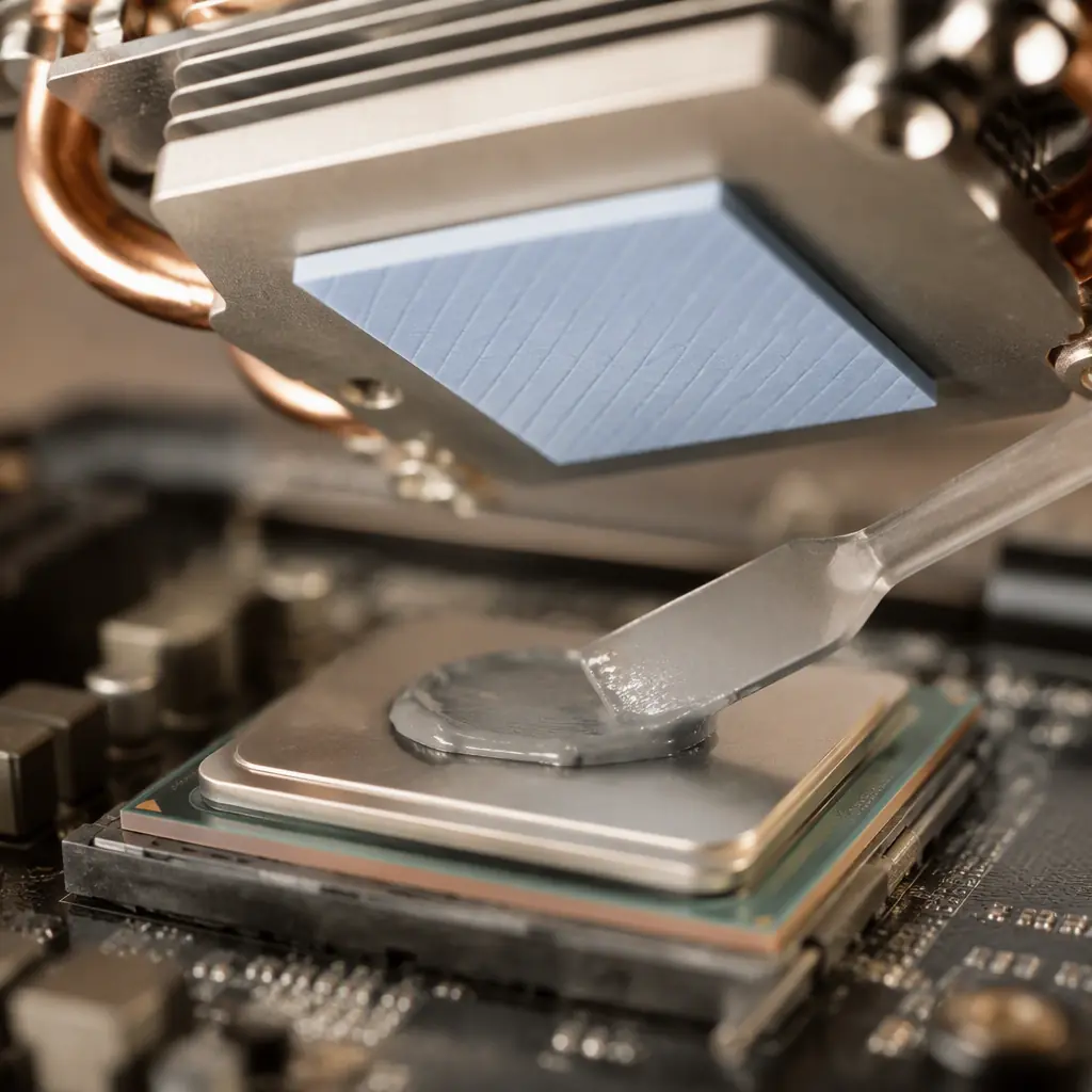 A thermal gap pad and thermal paste being applied between a processor and a heat sink on a circuit board, macro view on a clean bench