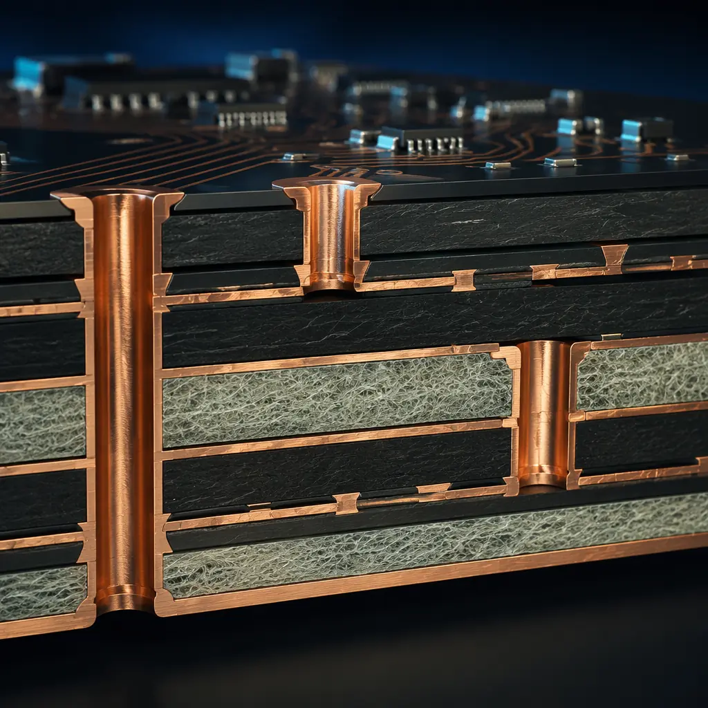 Photorealistic 3D cross-section of multilayer PCB showing blind and buried via transitions between copper layers