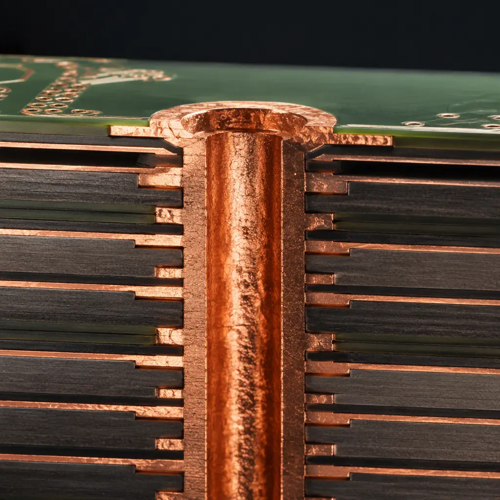 Photorealistic 3D cross-section render of a high aspect ratio through via barrel with copper plating, macro lit