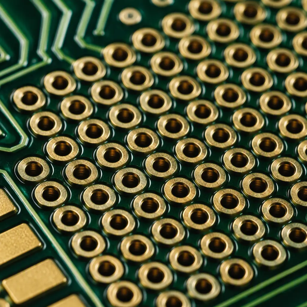 Macro photo of a microscopic laser-drilled microvia array on a dense PCB showing shallow clean bores