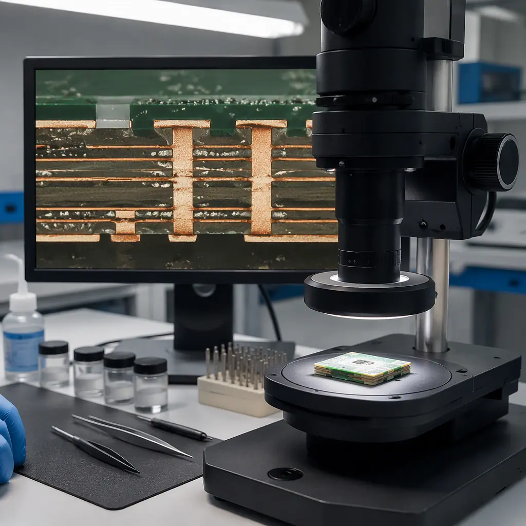 Photorealistic render of a failure analysis workbench with a microscope, cross-sectioned PCB sample and X-ray review monitor